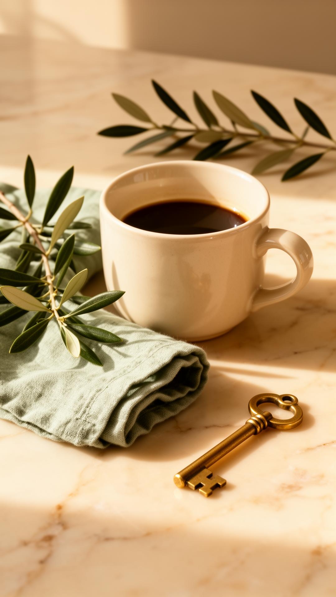 Sunlit desk with a notebook, coffee, and an olive branch, representing a thoughtful mortgage conversation